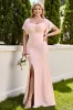 Candy Pink Mermaid Short Sleeves Plus Size Long Bridesmaid Dress sold by Zapaka