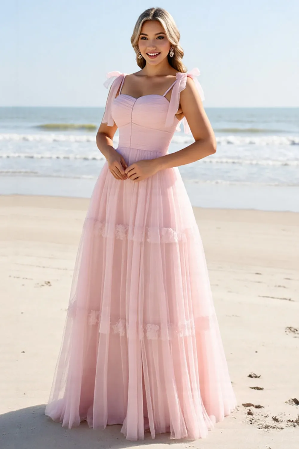A Line Spaghetti Straps Candy Pink Pleated Long Bridesmaid Dress sold by Zapaka product image thumbnail 3