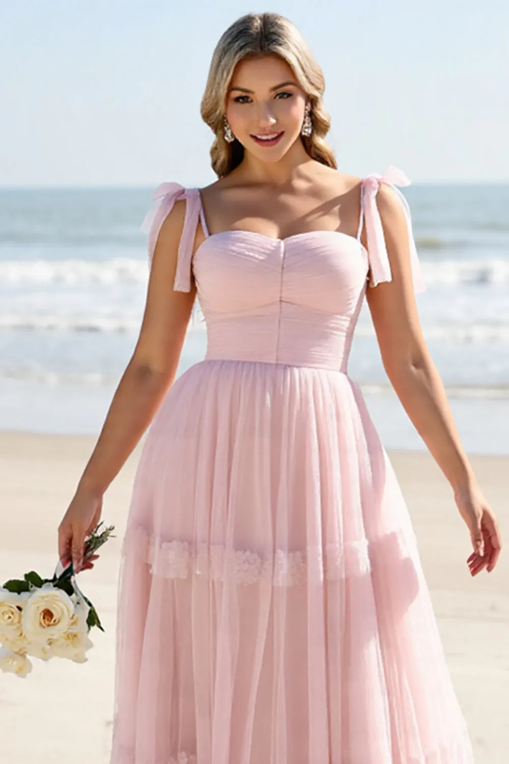 A Line Spaghetti Straps Candy Pink Pleated Long Bridesmaid Dress sold by Zapaka product image thumbnail 4