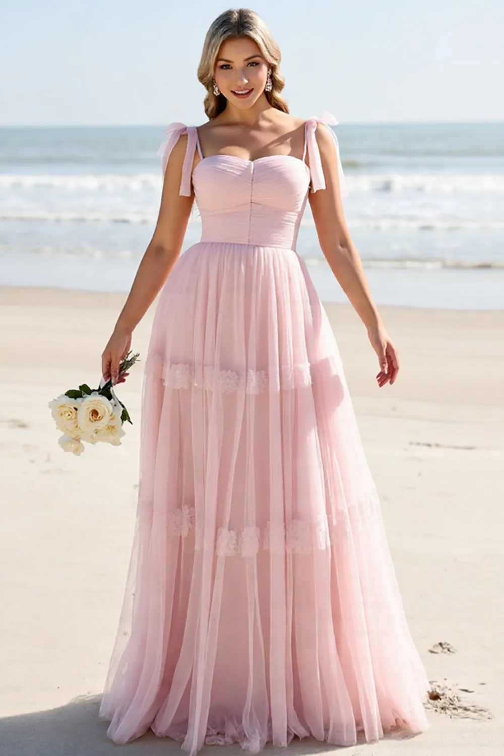 A Line Spaghetti Straps Candy Pink Pleated Long Bridesmaid Dress sold by Zapaka