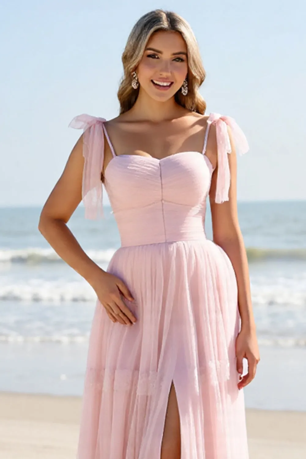A Line Spaghetti Straps Candy Pink Pleated Long Bridesmaid Dress sold by Zapaka product image thumbnail 5