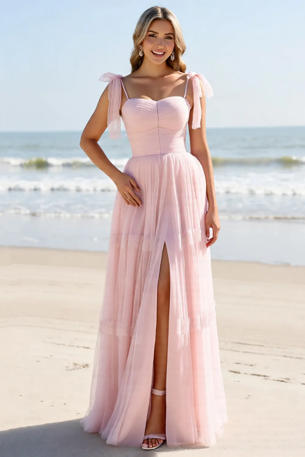 A Line Spaghetti Straps Candy Pink Pleated Long Bridesmaid Dress sold by Zapaka product image thumbnail 2