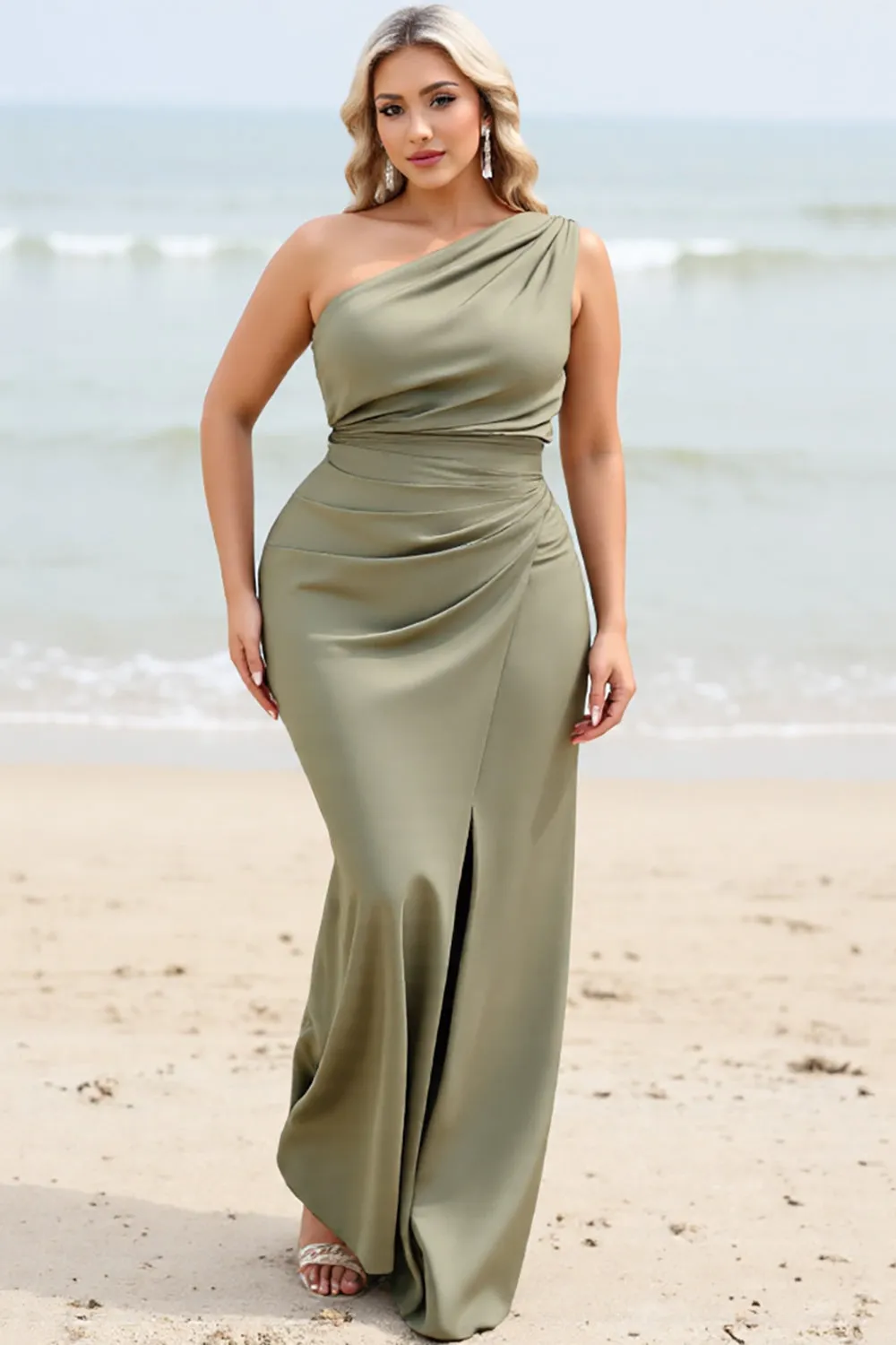 Olive Mermaid One Shoulder Long Bridesmaid Dress with Slit sold by Zapaka product image thumbnail 2