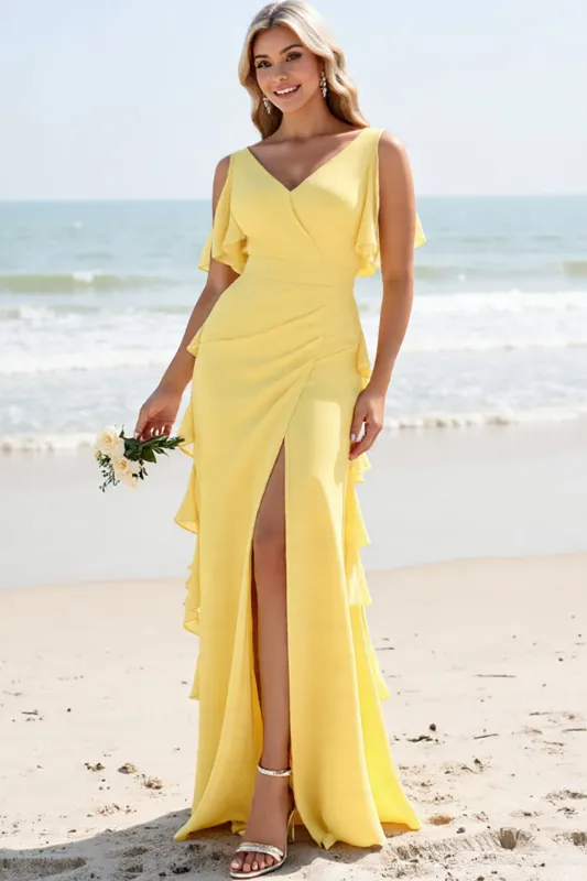 Sheath Daffodil Spaghetti Straps Chiffon Long Bridesmaid Dress sold by Zapaka