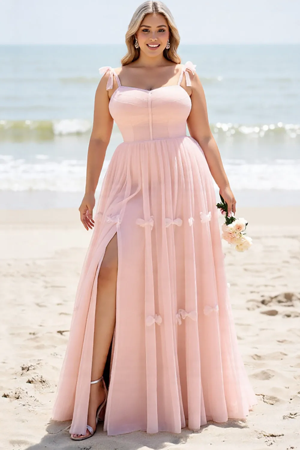A Line Blush Pink Spaghetti Straps Pleated Plus Size Long Bridesmaid Dress sold by Zapaka product image thumbnail 3