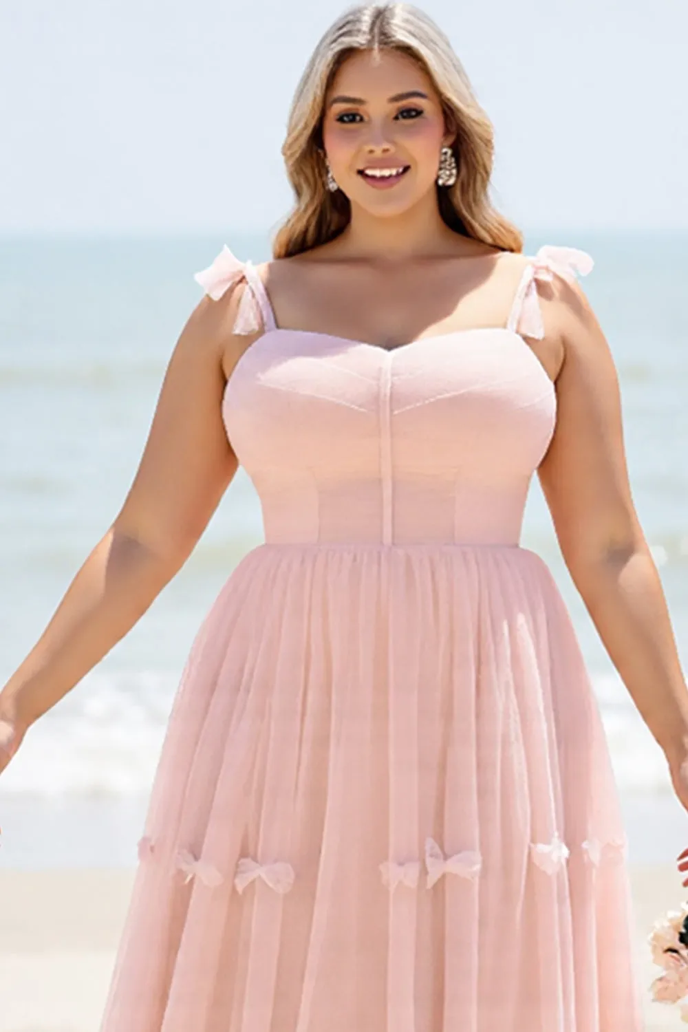 A Line Blush Pink Spaghetti Straps Pleated Plus Size Long Bridesmaid Dress sold by Zapaka product image thumbnail 4