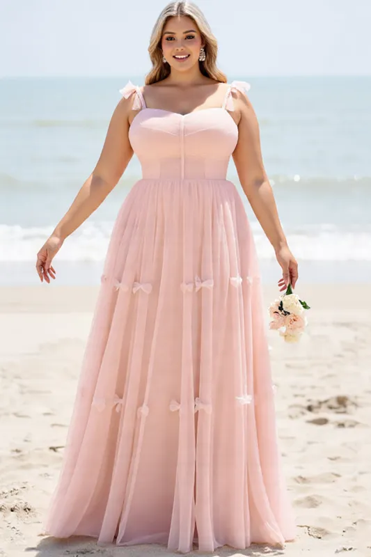 A Line Blush Pink Spaghetti Straps Pleated Plus Size Long Bridesmaid Dress sold by Zapaka
