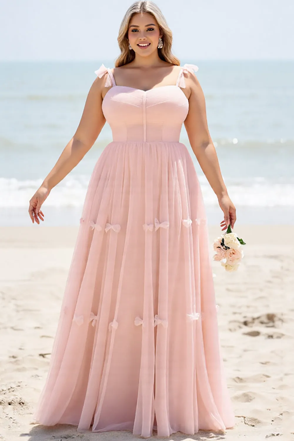 A Line Blush Pink Spaghetti Straps Pleated Plus Size Long Bridesmaid Dress sold by Zapaka