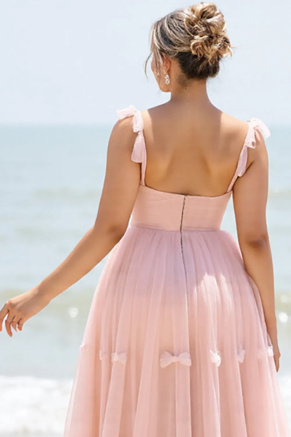 A Line Blush Pink Spaghetti Straps Pleated Plus Size Long Bridesmaid Dress sold by Zapaka product image thumbnail 5