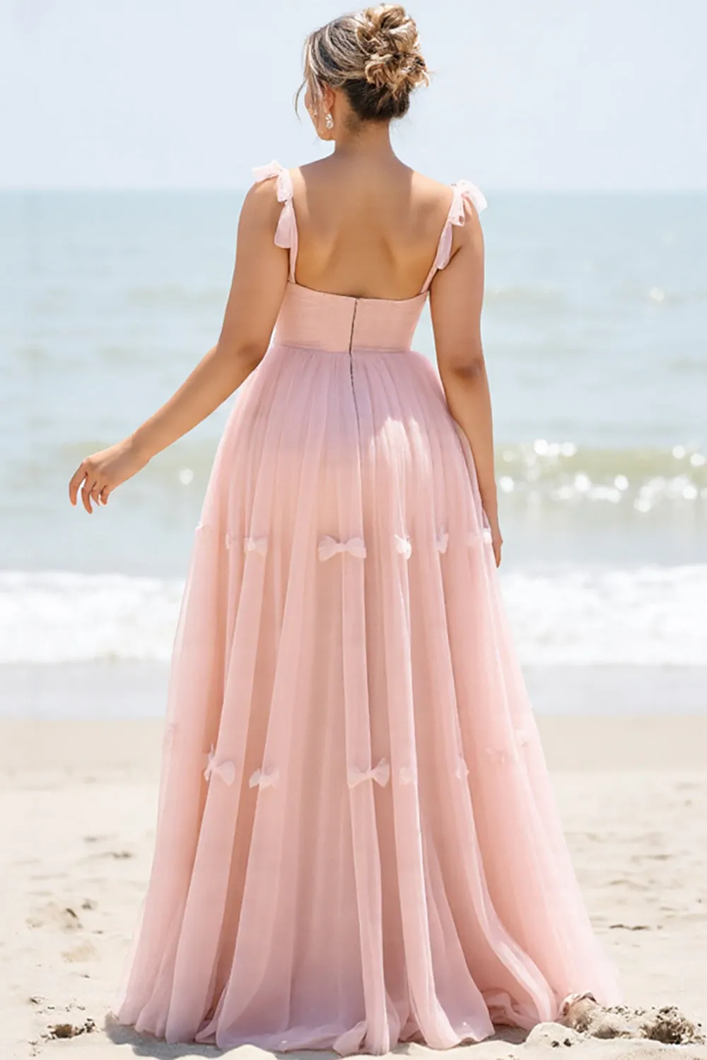 A Line Blush Pink Spaghetti Straps Pleated Plus Size Long Bridesmaid Dress sold by Zapaka product image thumbnail 2