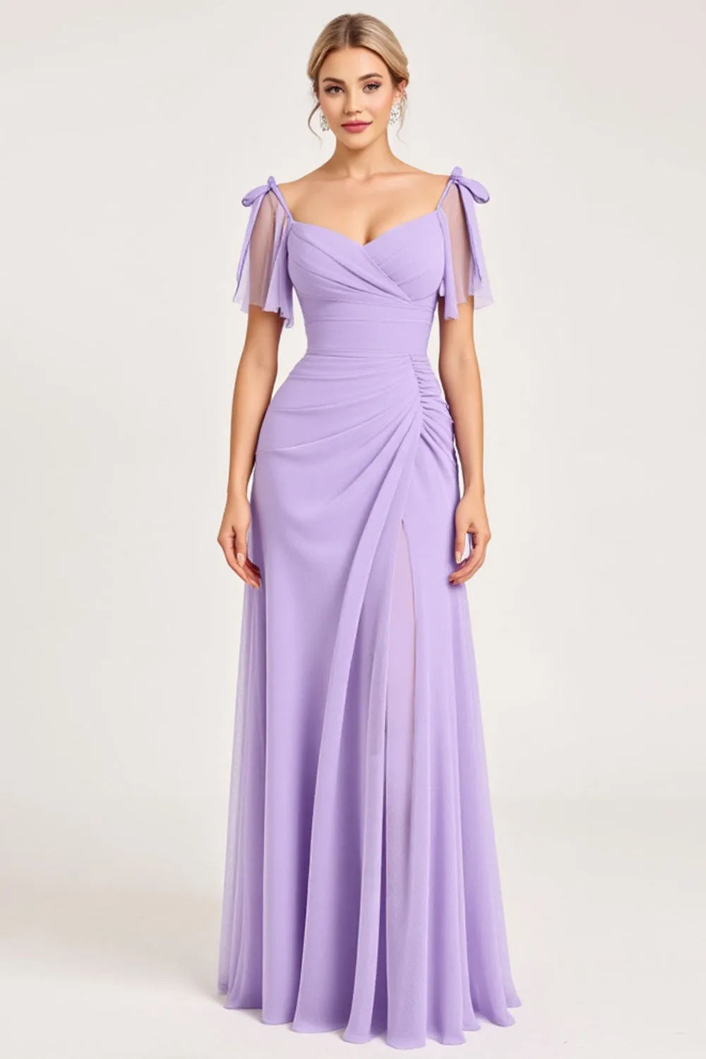 Lilac A Line Long Chiffon Bridesmaid Dress with Slit sold by Zapaka