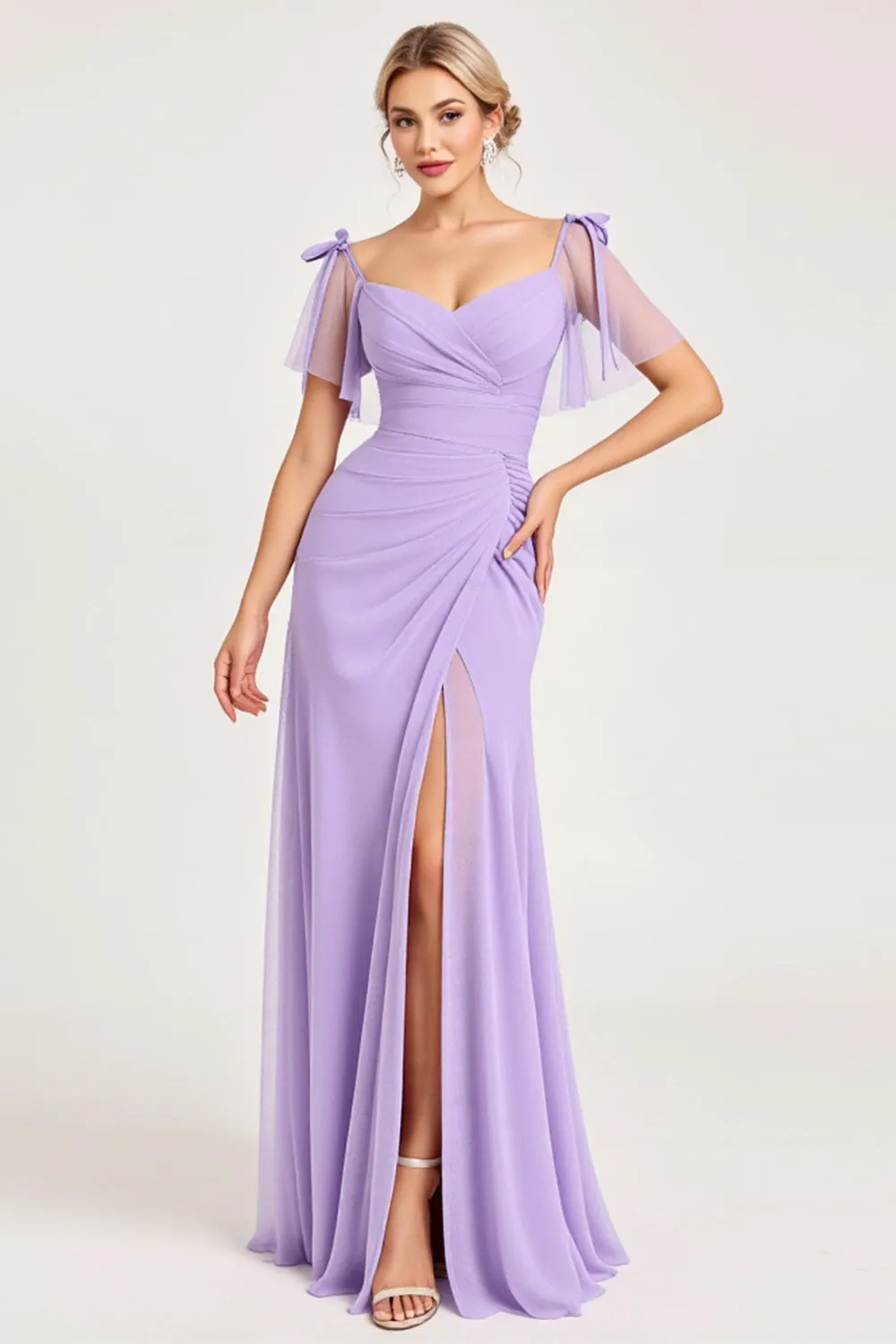 Lilac A Line Long Chiffon Bridesmaid Dress with Slit sold by Zapaka product image thumbnail 3