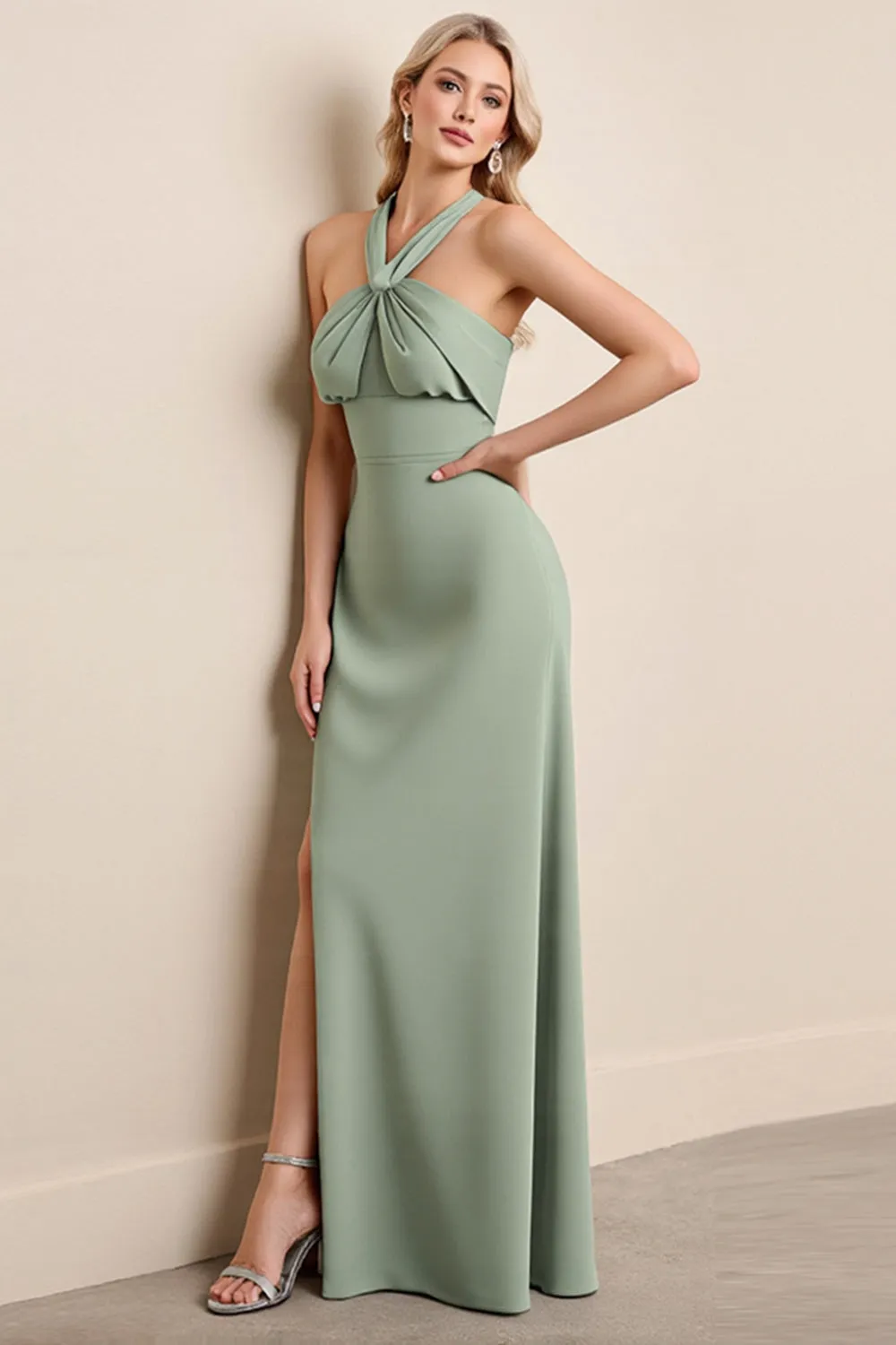 Matcha Chiffon Halter Neck Long Bridesmaid Dress with Slit sold by Zapaka