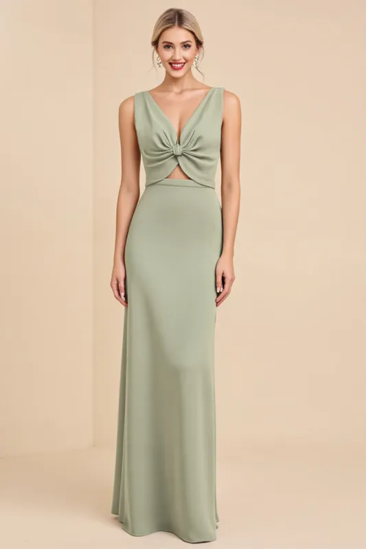 Sage Sheath V Neck Sleeveless Ruched Satin Long Bridesmaid Dress with Hollow Out sold by Zapaka