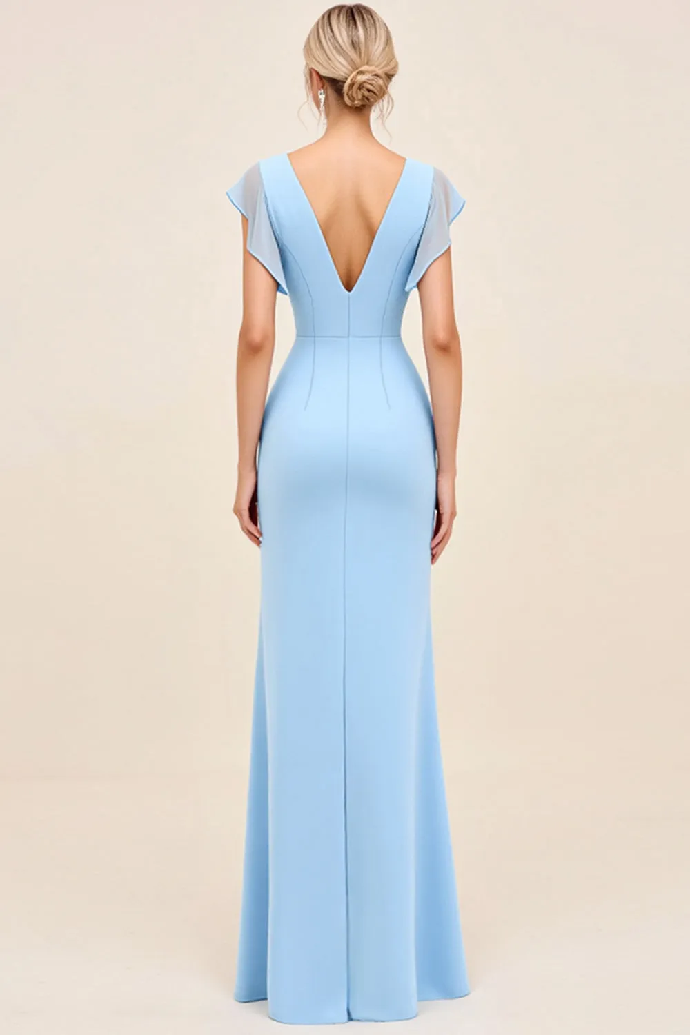 Sky Blue Sheath Wrap V Neck Ruffle Sleeves Ruched Long Bridesmaid Dress sold by Zapaka product image thumbnail 2