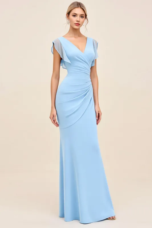 Sky Blue Sheath Wrap V Neck Ruffle Sleeves Ruched Long Bridesmaid Dress sold by Zapaka
