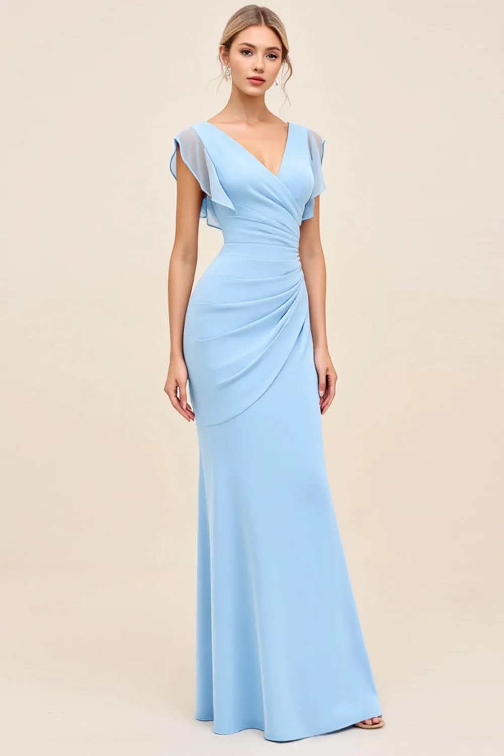 Sky Blue Sheath Wrap V Neck Ruffle Sleeves Ruched Long Bridesmaid Dress sold by Zapaka
