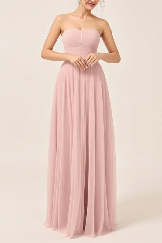 Blush Pink A-Line Strapless Tulle Long Bridesmaid Dress sold by Zapaka
