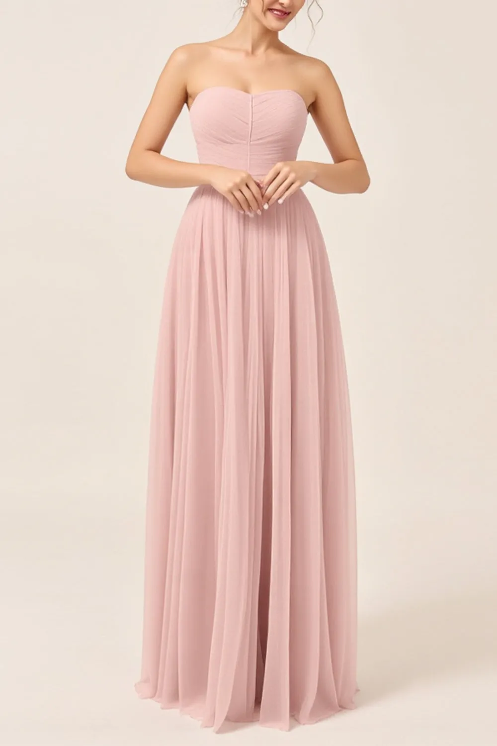 Blush Pink A-Line Strapless Tulle Long Bridesmaid Dress sold by Zapaka