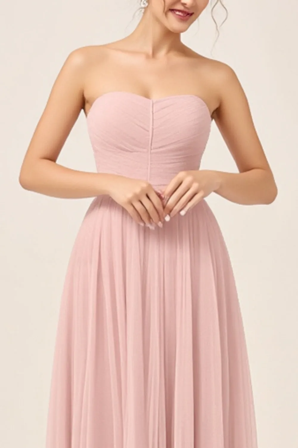 Blush Pink A-Line Strapless Tulle Long Bridesmaid Dress sold by Zapaka product image thumbnail 4