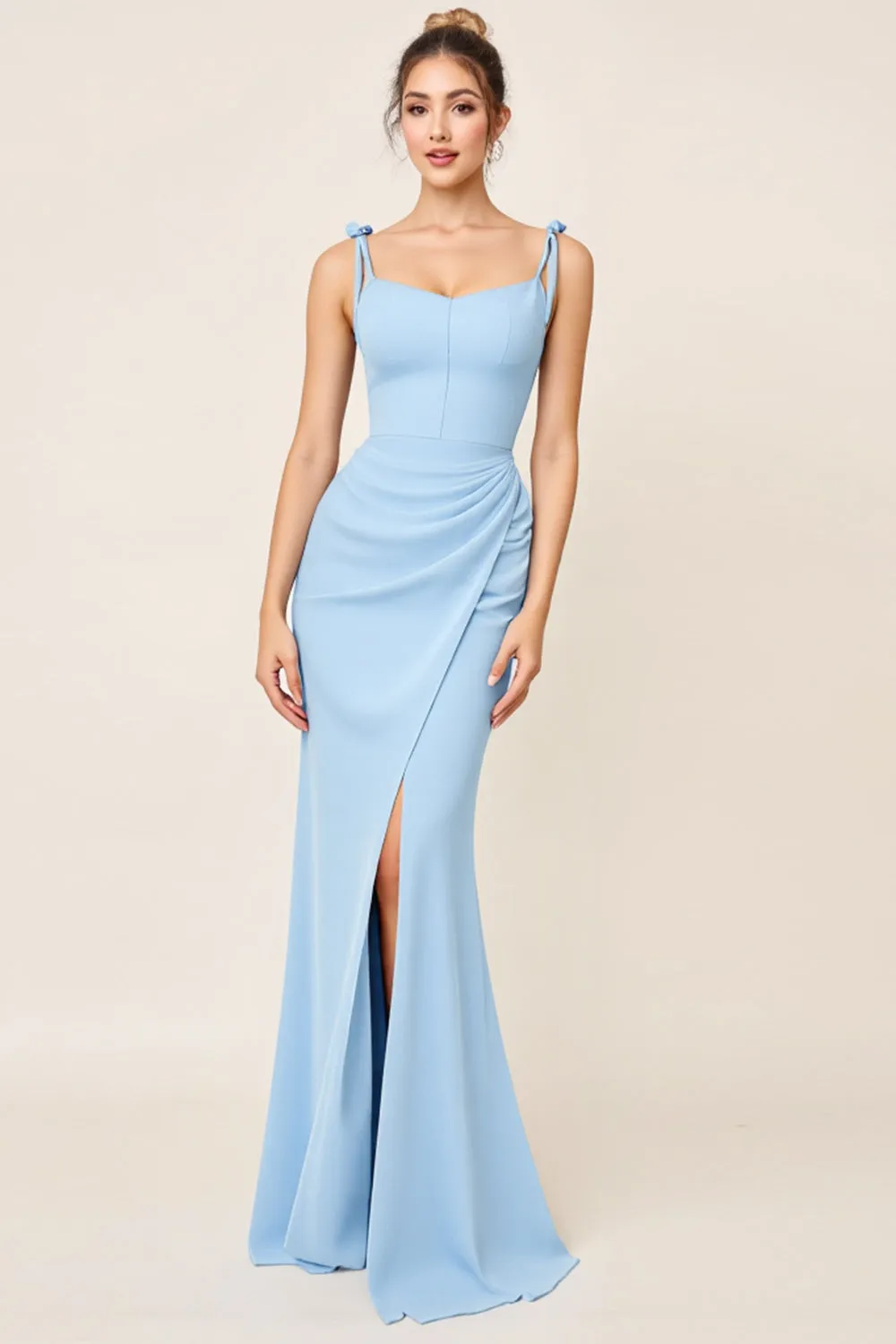 Sky Blue Bodycon Spaghetti Straps Ruched Satin Long Bridesmaid Dress with Slit sold by Zapaka product image thumbnail 3