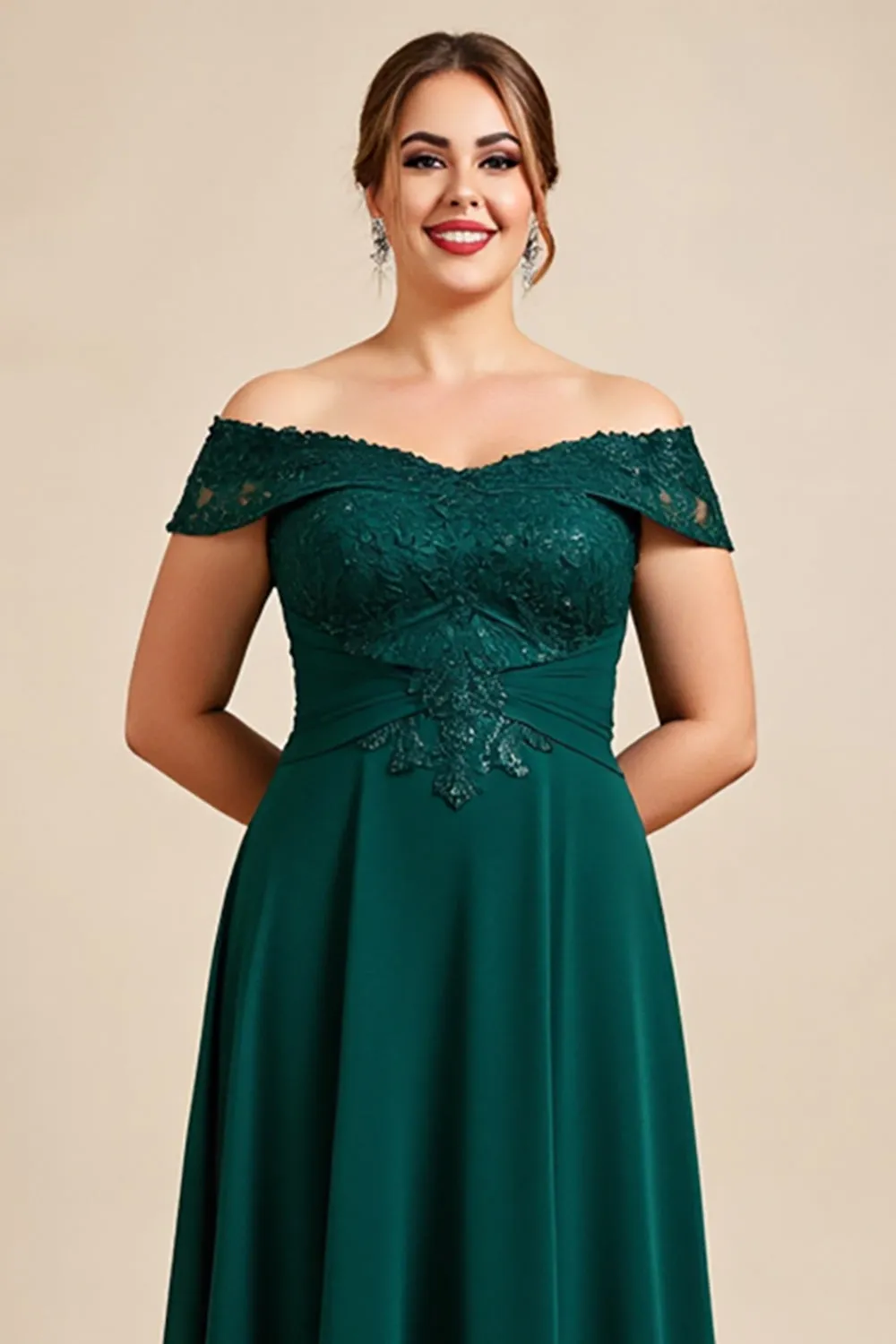 Off The Shoulder A Line Pine Chiffon Lace Plus Size Mother of the Bride Dress sold by Zapaka product image thumbnail 3