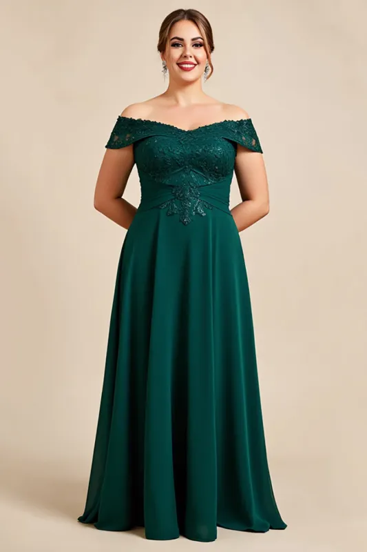 Off The Shoulder A Line Pine Chiffon Lace Plus Size Mother of the Bride Dress sold by Zapaka