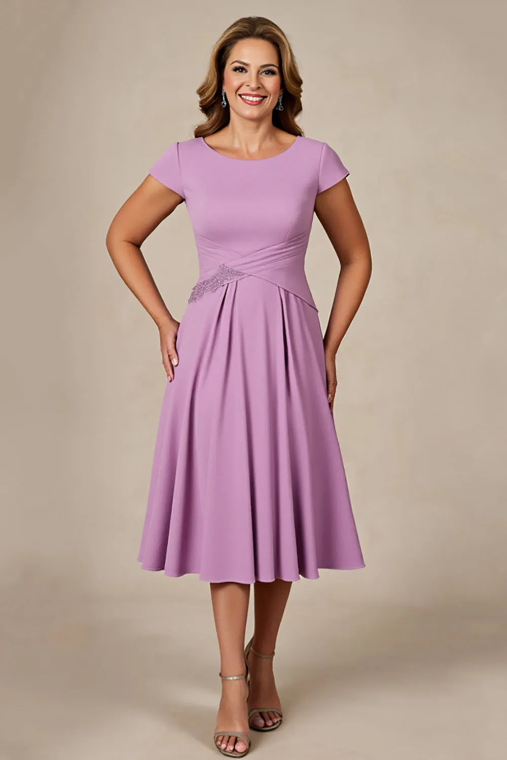 Lilac A Line Ruched Midi Plus Size Mother of the Bride Dress sold by Zapaka
