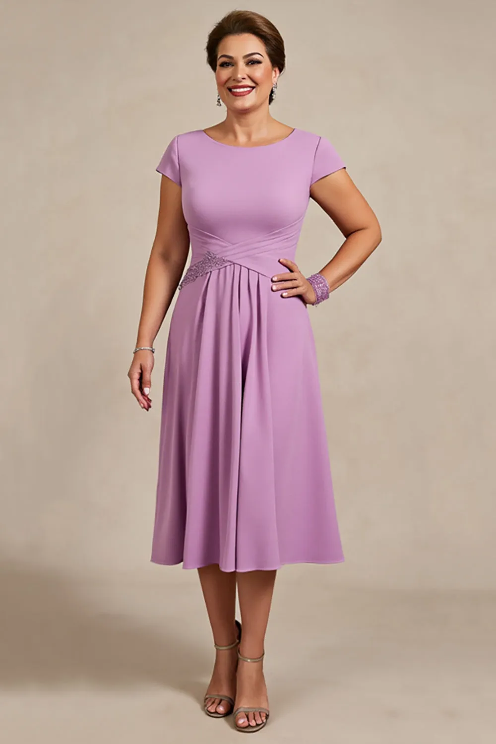 Lilac A Line Ruched Midi Plus Size Mother of the Bride Dress sold by Zapaka product image thumbnail 3