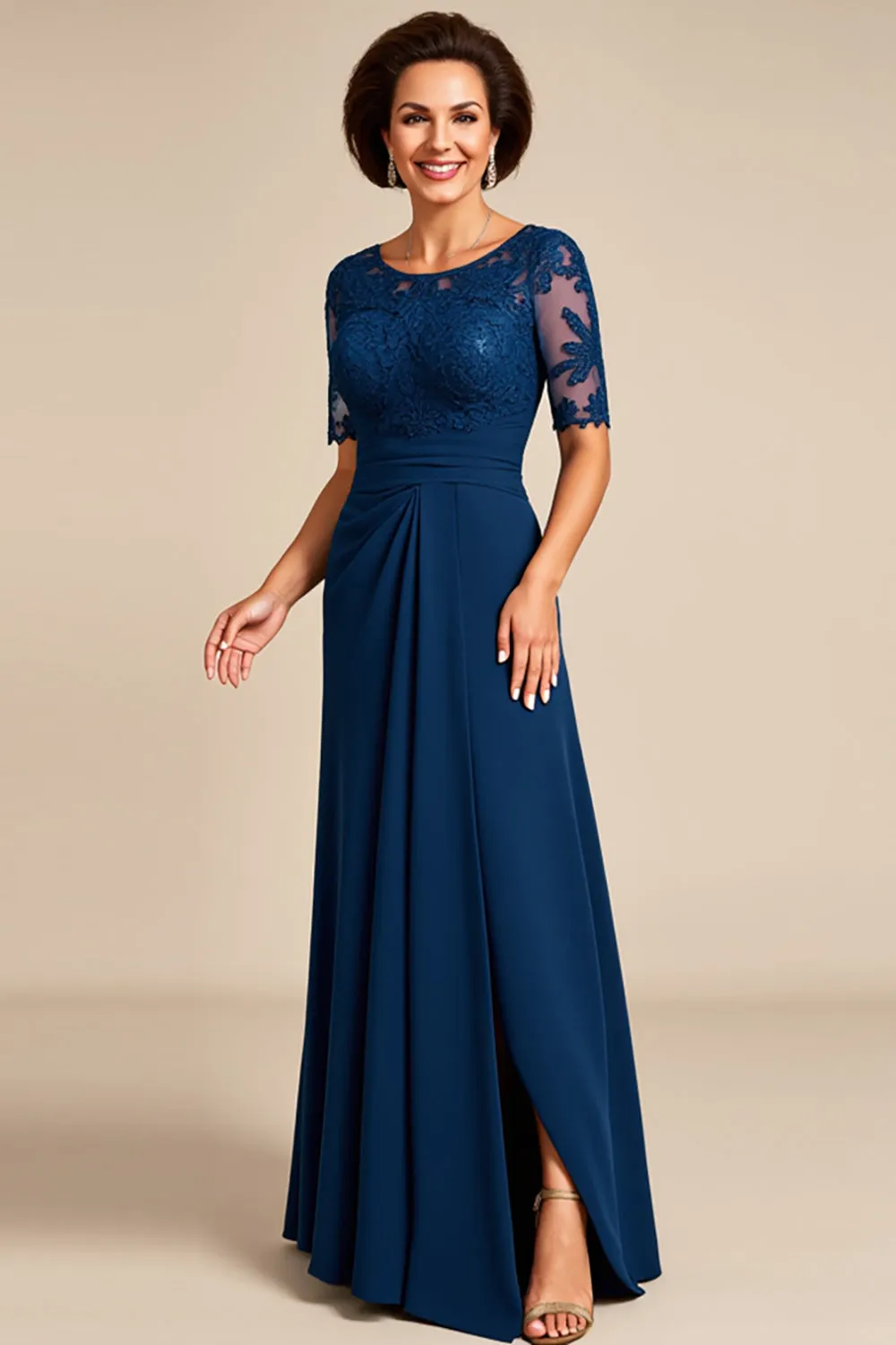 Chiffon Lace Navy Mother of the Bride Dress with Slit sold by Zapaka