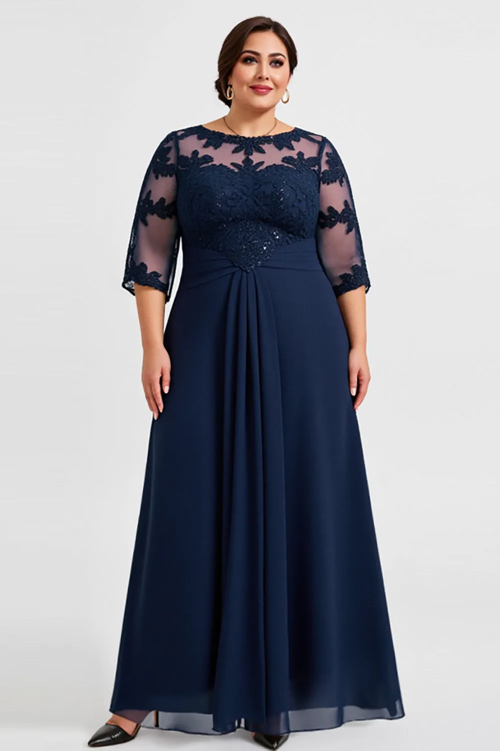 Plus Size Chiffon Lace Navy Mother of the Bride Dress sold by Zapaka
