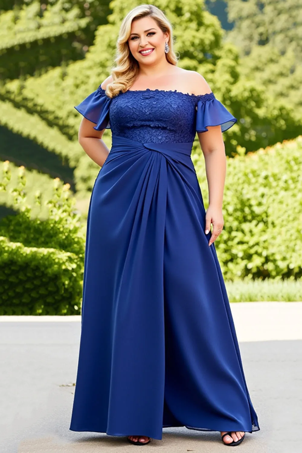 Navy Plus Size Ruched Off the Shoulder Mother of the Bride Dress sold by Zapaka