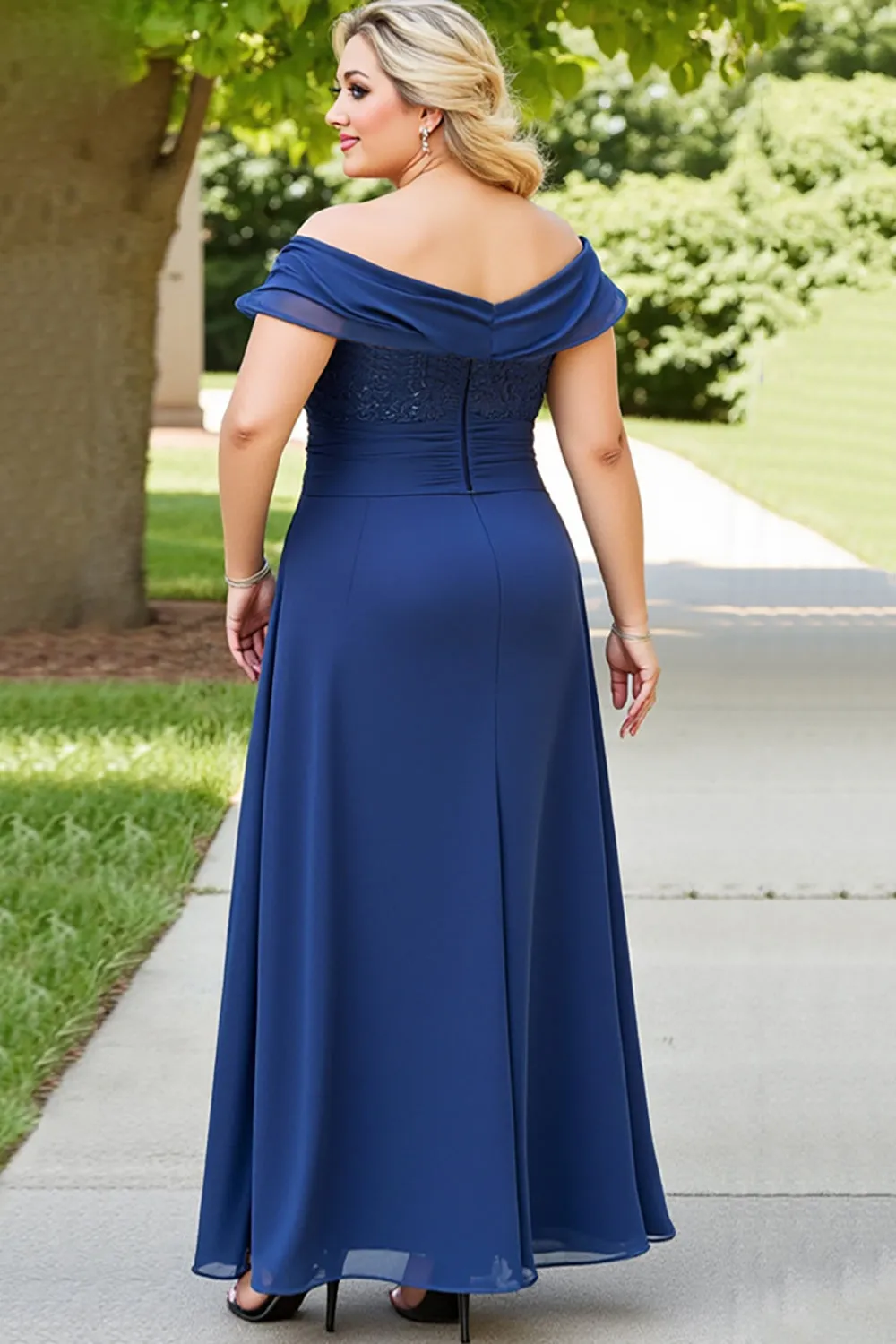 Lace Off the Shoulder Navy Plus Size Mother of the Bride Dress sold by Zapaka product image thumbnail 2