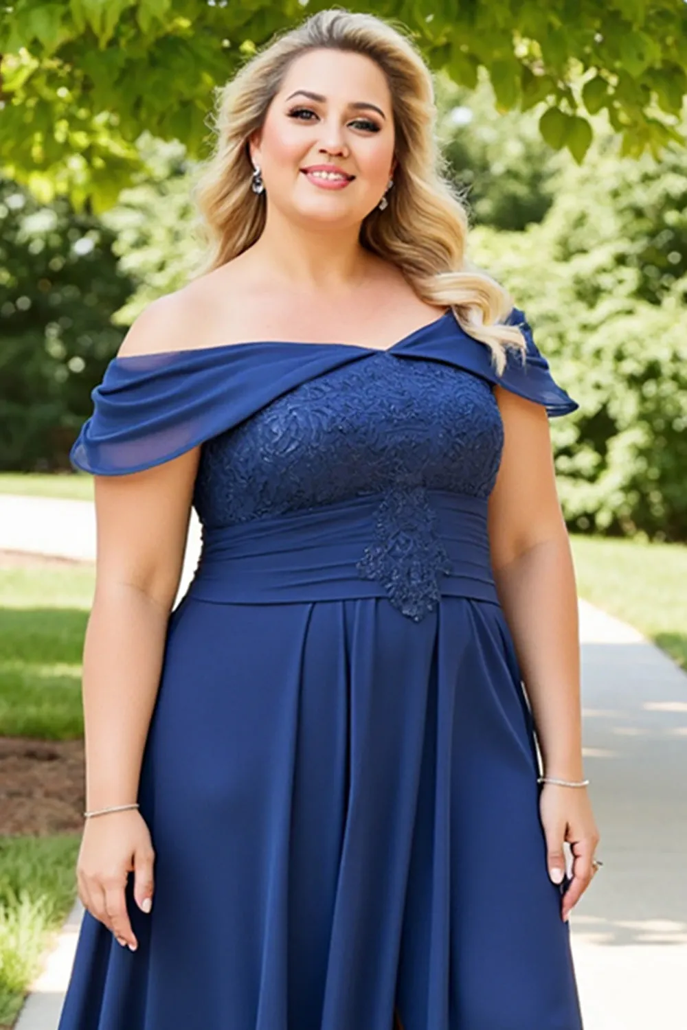Lace Off the Shoulder Navy Plus Size Mother of the Bride Dress sold by Zapaka product image thumbnail 3