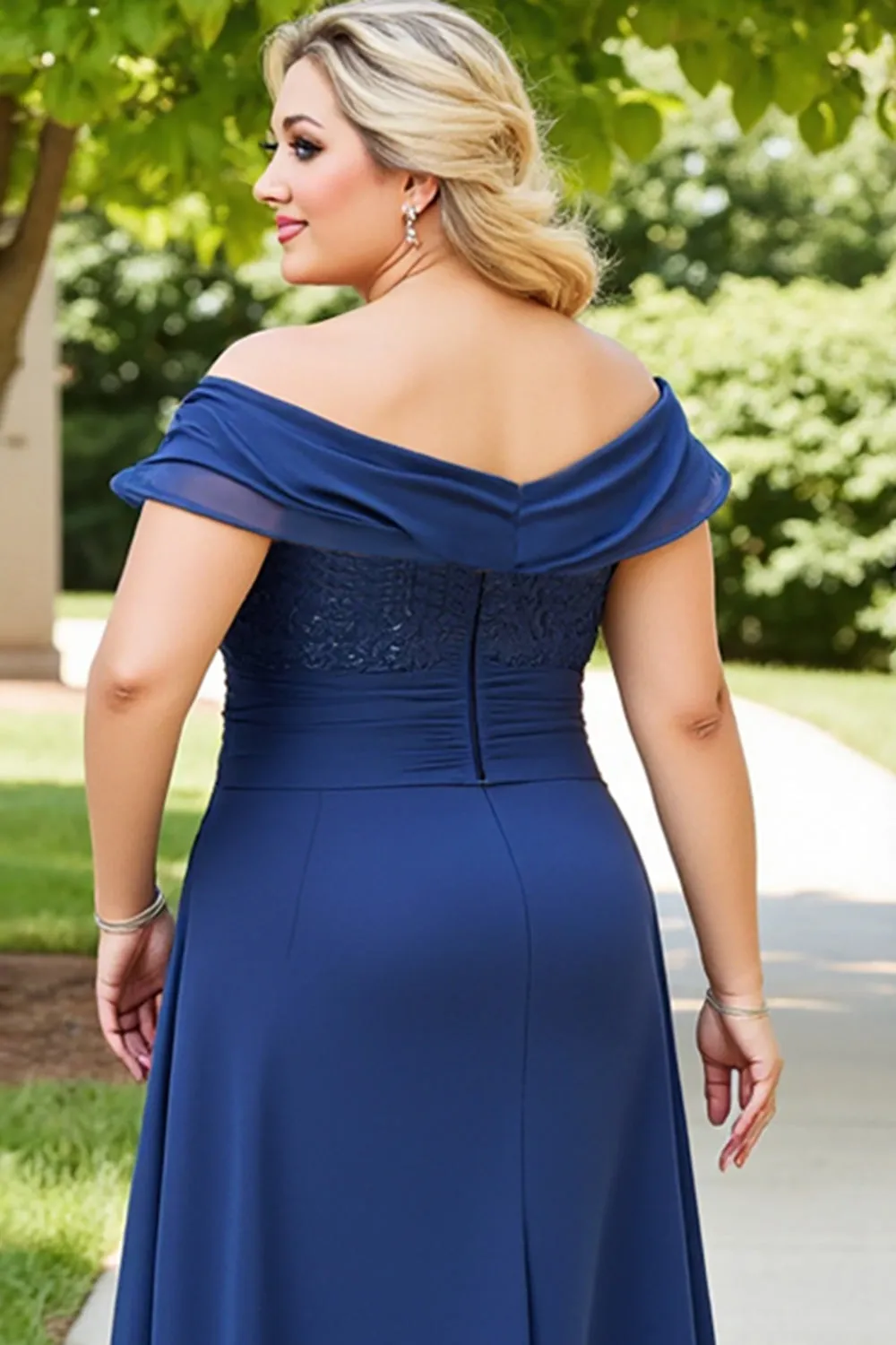 Lace Off the Shoulder Navy Plus Size Mother of the Bride Dress sold by Zapaka product image thumbnail 4
