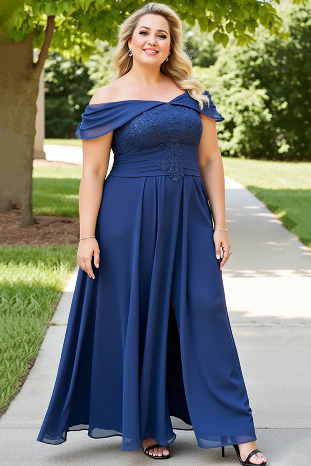 Lace Off the Shoulder Navy Plus Size Mother of the Bride Dress sold by Zapaka