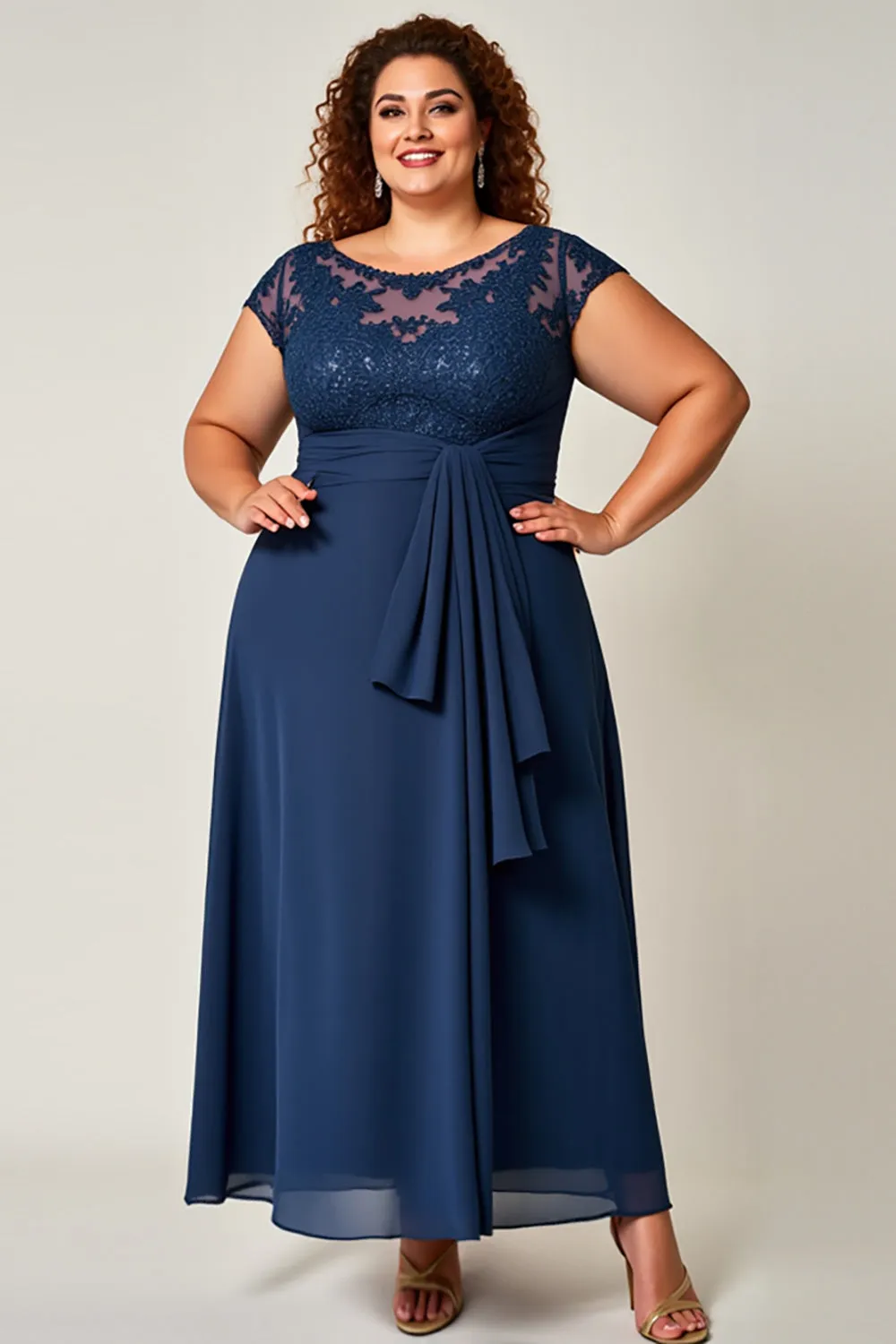 Plus Size Lace Chiffon Navy Mother of the Bride Dress sold by Zapaka