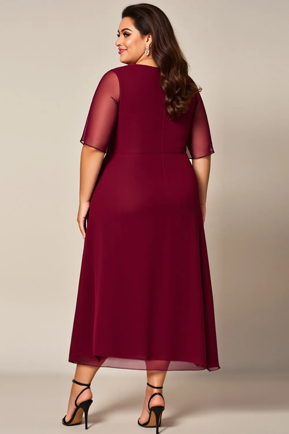 Burgundy Chiffon Ruched Beaded Plus Size Mother of the Bride Dress sold by Zapaka product image thumbnail 2