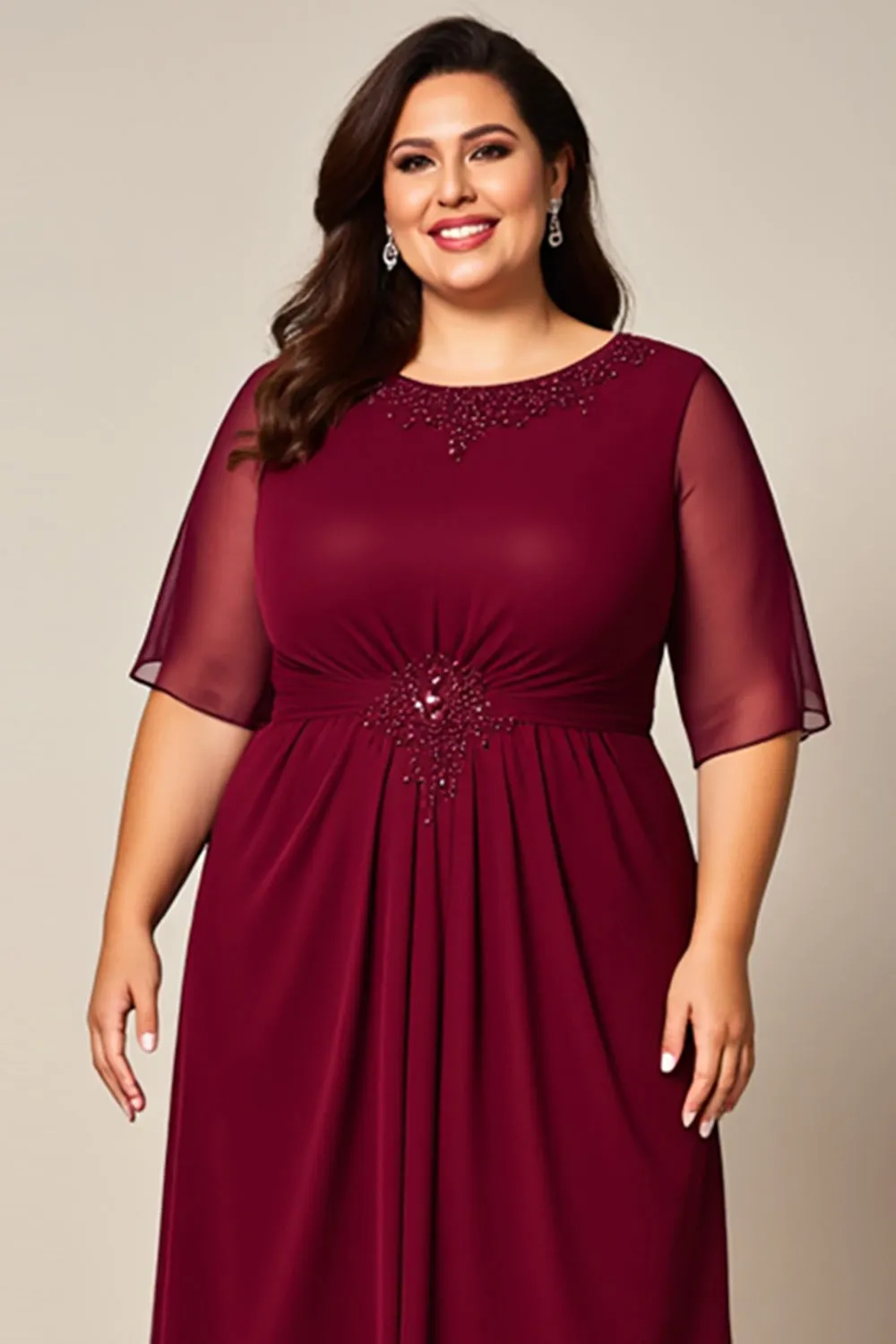 Burgundy Chiffon Ruched Beaded Plus Size Mother of the Bride Dress sold by Zapaka product image thumbnail 3