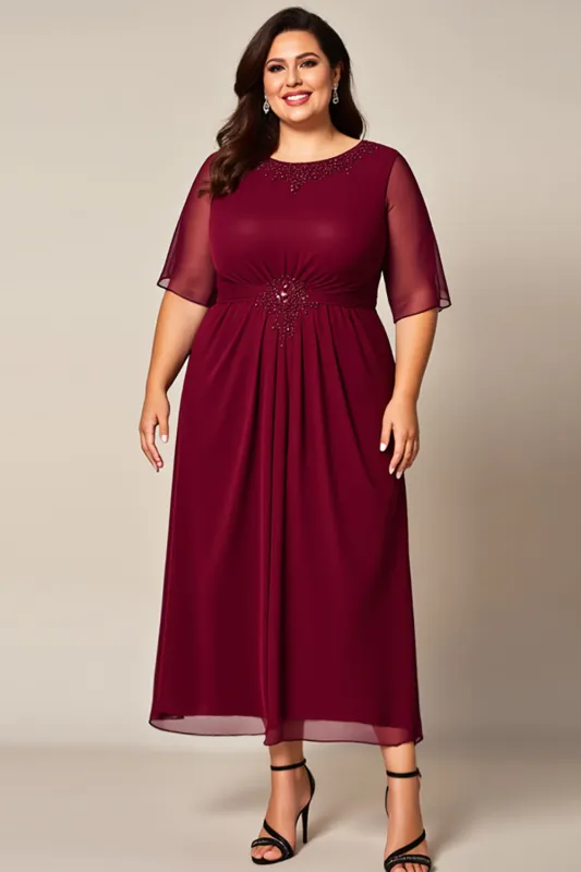 Burgundy Chiffon Ruched Beaded Plus Size Mother of the Bride Dress sold by Zapaka