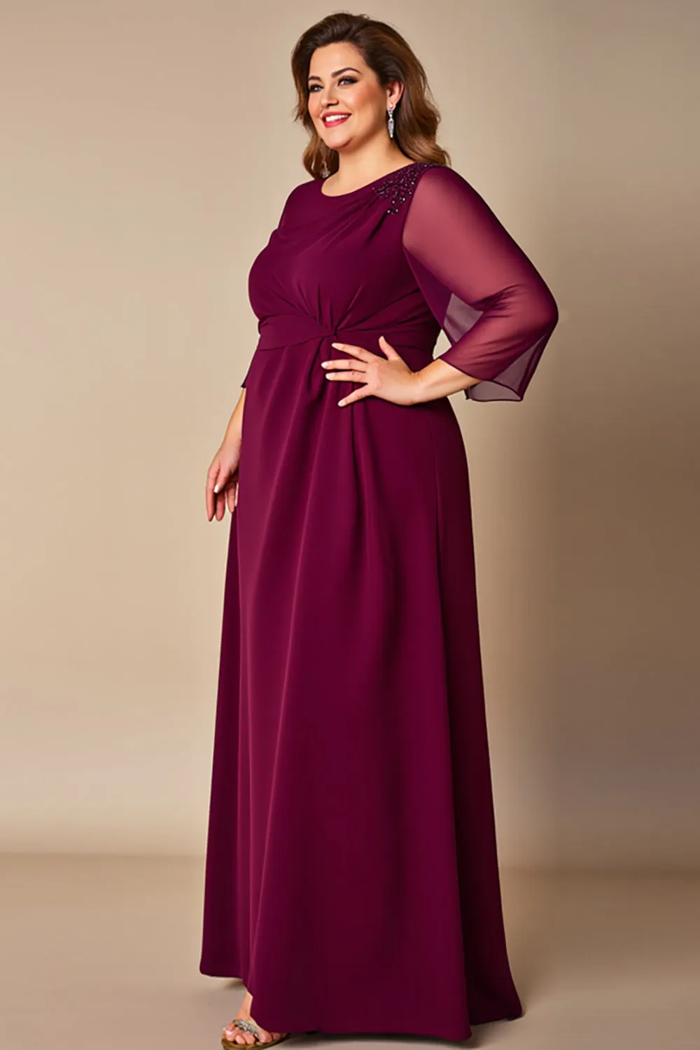 Chiffon Burgundy Plus Size Mother of the Bride Dress with 3/4 Sleeves sold by Zapaka product image thumbnail 3