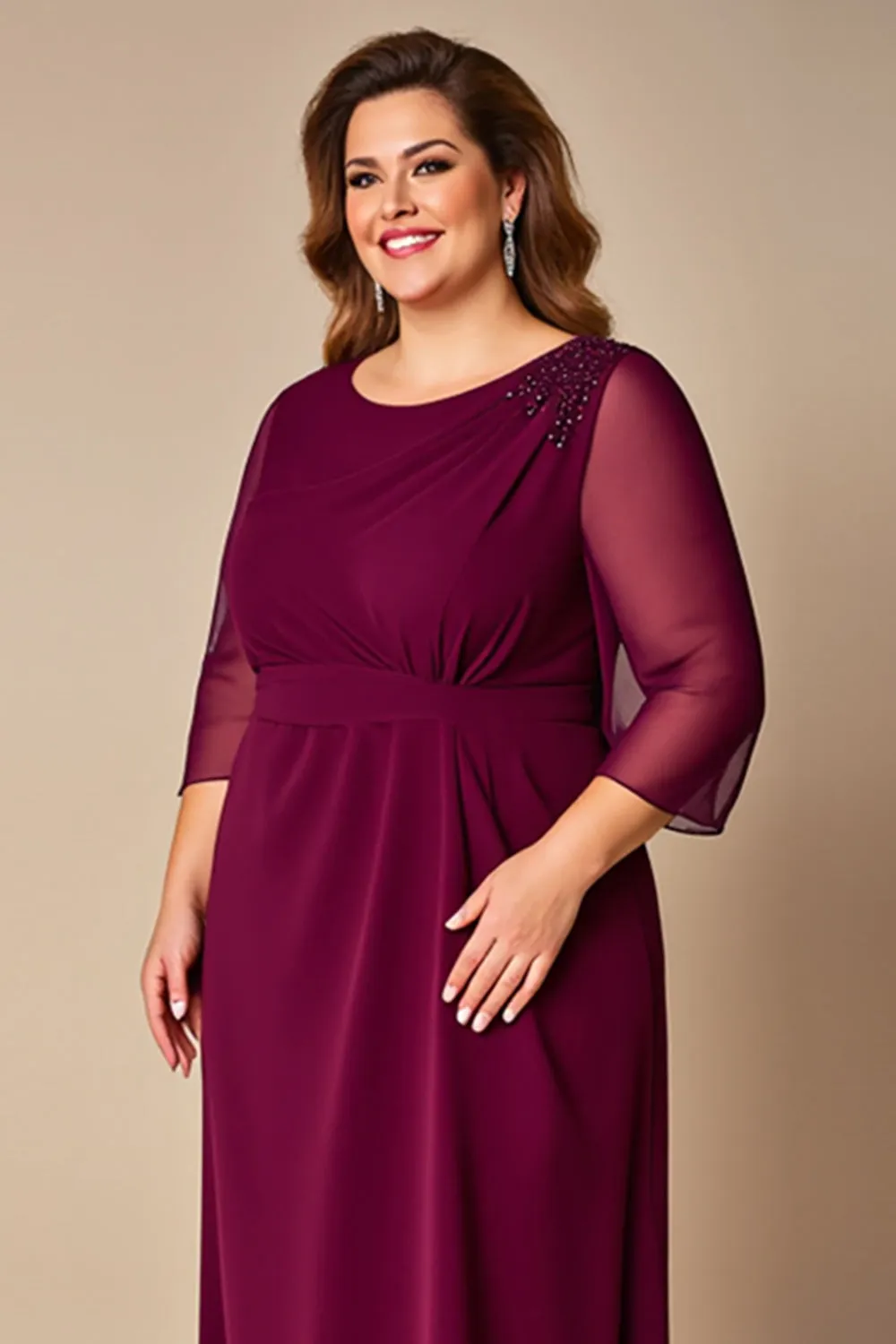 Chiffon Burgundy Plus Size Mother of the Bride Dress with 3/4 Sleeves sold by Zapaka product image thumbnail 4