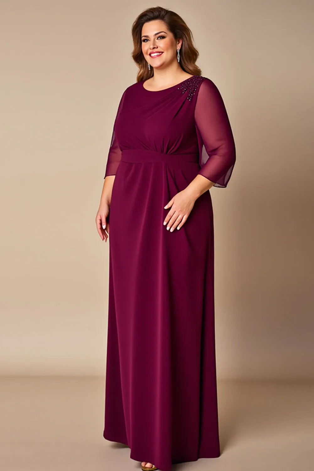 Chiffon Burgundy Plus Size Mother of the Bride Dress with 3/4 Sleeves sold by Zapaka