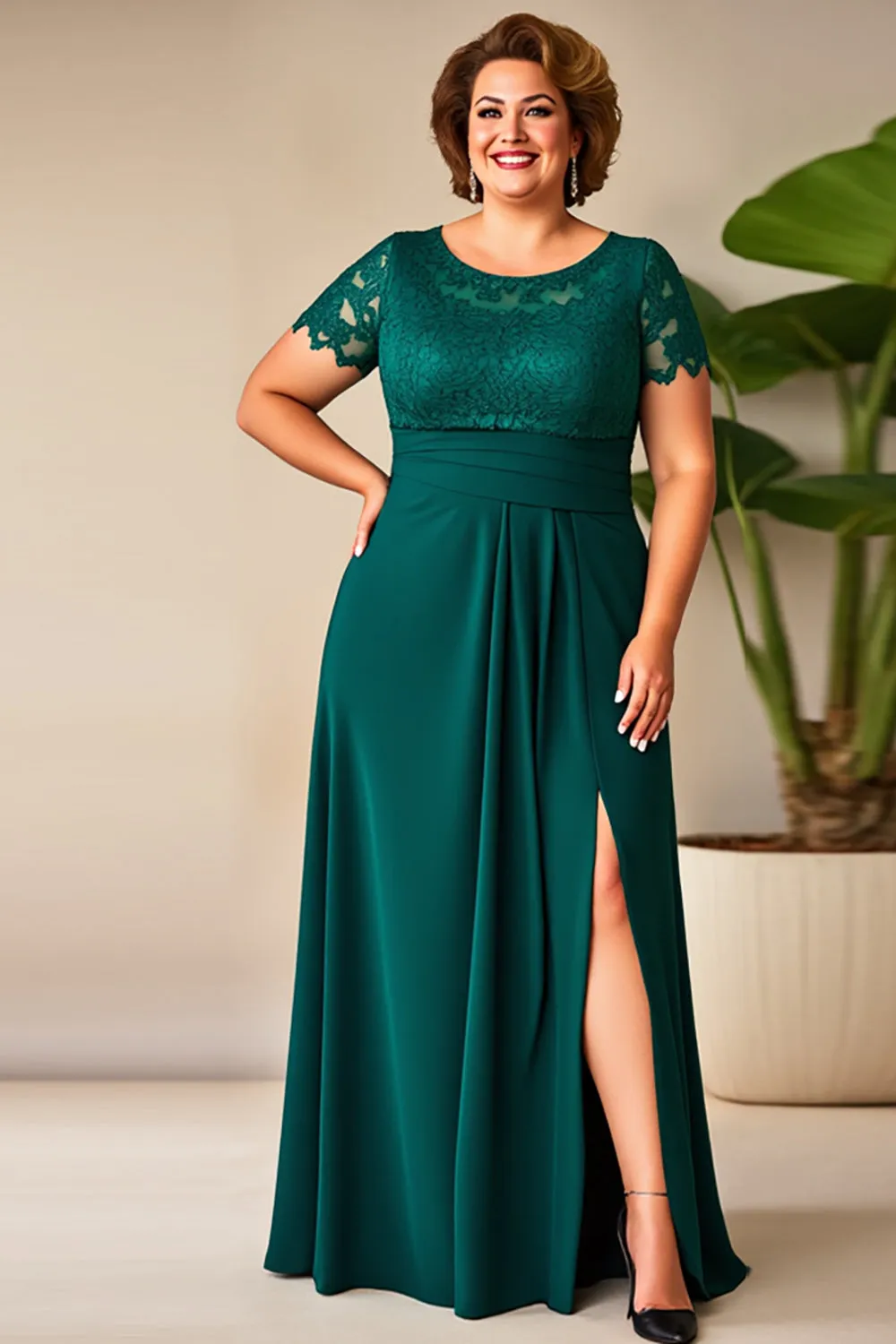 Pine Chiffon Lace Plus Size Mother of the Bride Dress with Slit sold by Zapaka