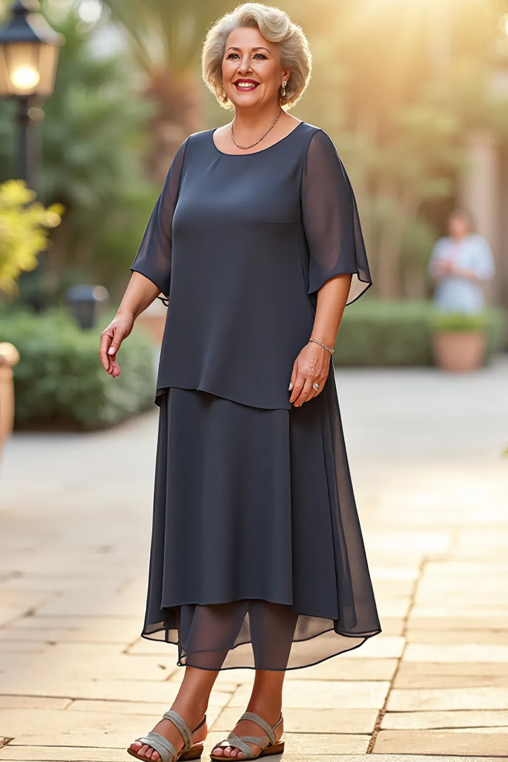 Steel Grey Chiffon Round Neck Plus Size Mother of the Bride Dress sold by Zapaka