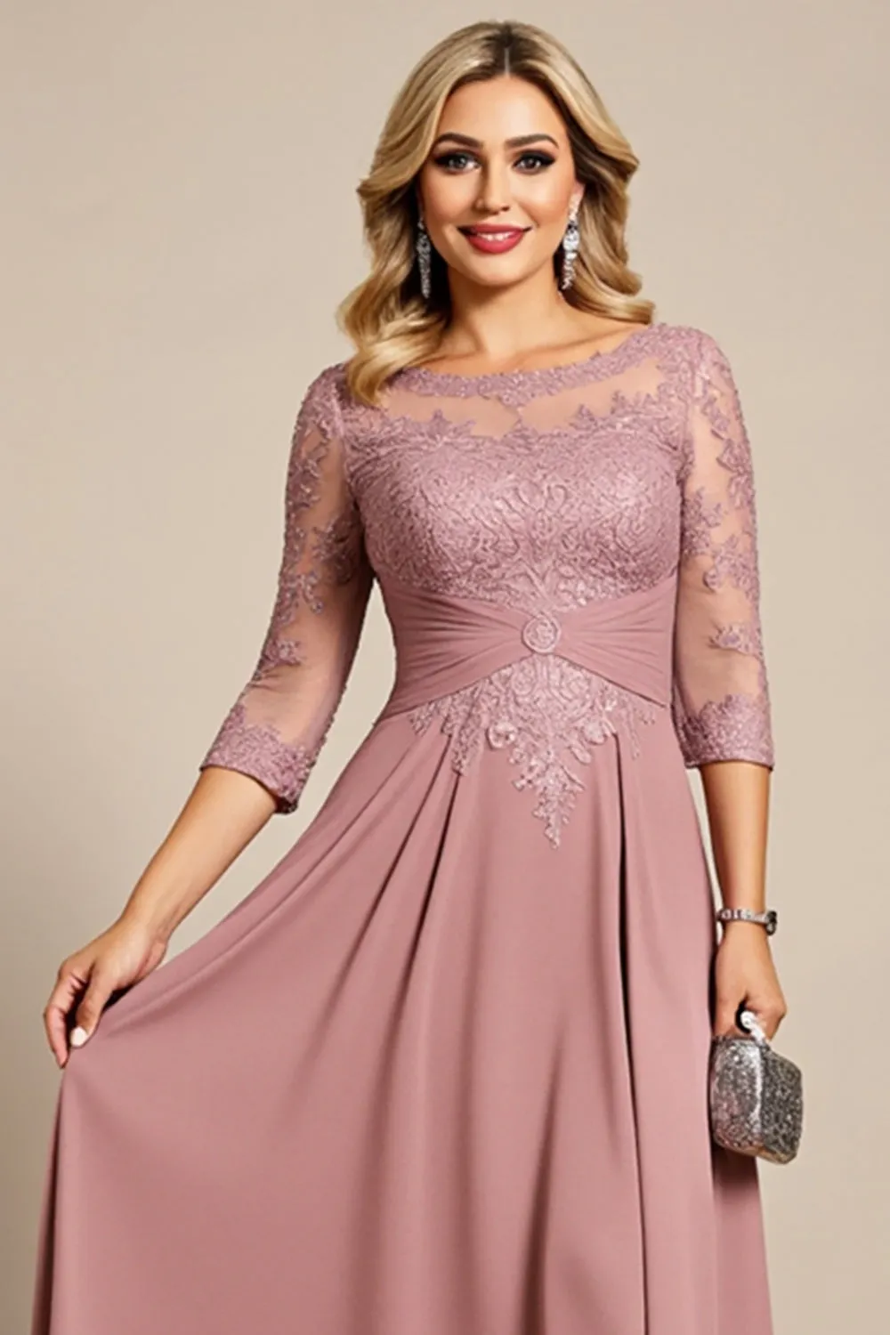 Dusty Rose A Line Lace Chiffon Plus Size Mother of the Bride Dress sold by Zapaka product image thumbnail 2