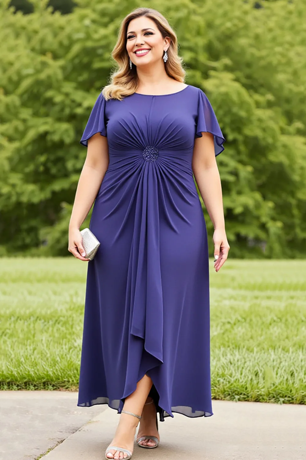 Navy Chiffon Ruched Plus Size Mother of the Bride Dress sold by Zapaka