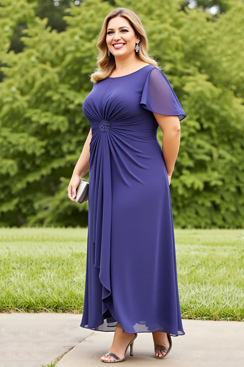 Navy Chiffon Ruched Plus Size Mother of the Bride Dress sold by Zapaka product image thumbnail 3