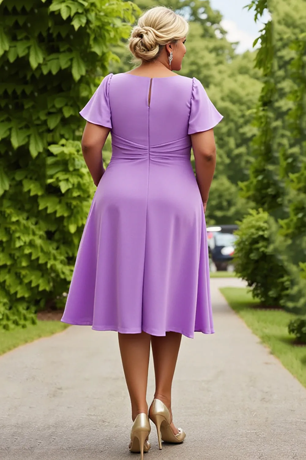 Lilac Chiffon Ruched Midi Plus Size Mother of the Bride Dress sold by Zapaka product image thumbnail 2