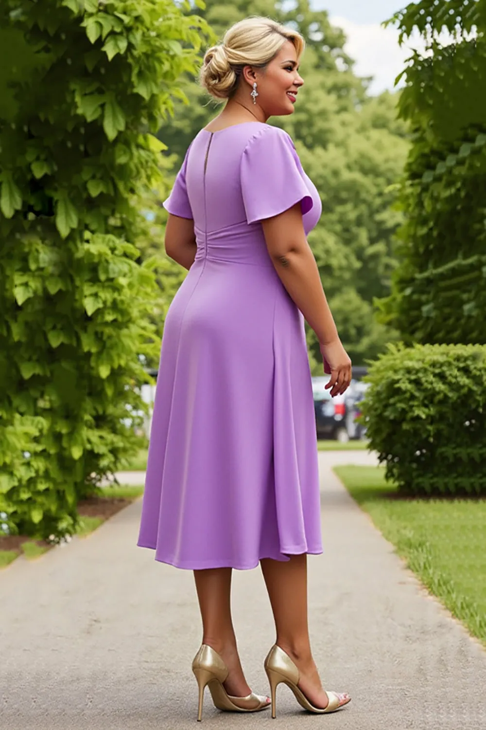 Lilac Chiffon Ruched Midi Plus Size Mother of the Bride Dress sold by Zapaka product image thumbnail 3